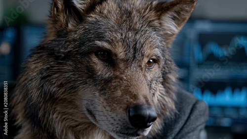 Ambitious and cunning wolf dressed as a businessman analyzing financial charts on computer screens, symbolizing a predatory and successful stock market broker or aggressive financial trader