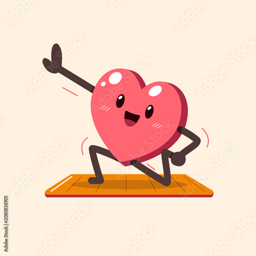 Cute heart character doing warrior yoga pose on mat cartoon vector illustration