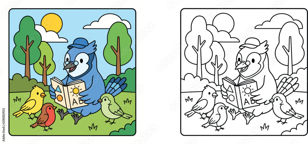 Fototapeta premium Cute cartoon blue jay bird wearing a hat reading an ABC book to little birds, including a colored illustration and a black and white coloring page outline template for kids