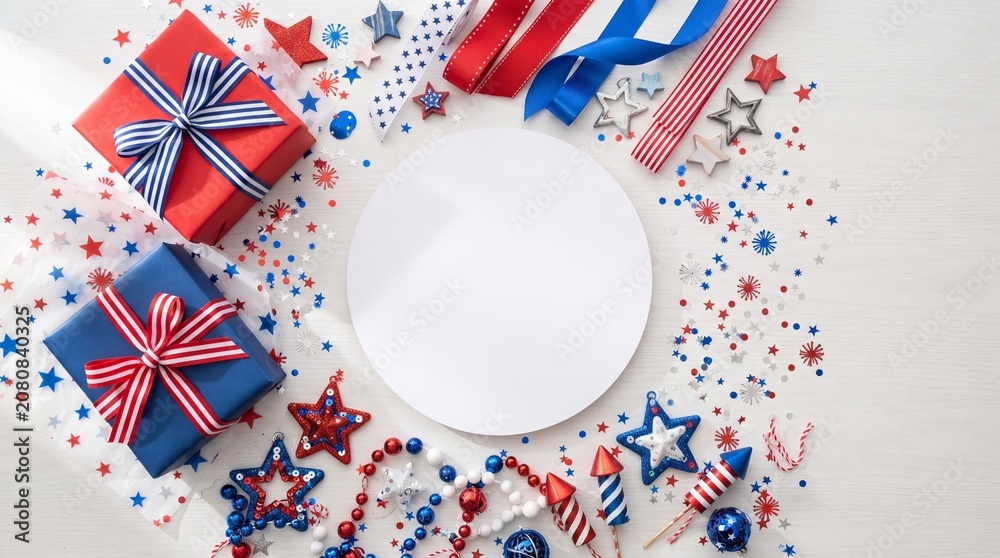 Obraz premium Independence Day celebration flat lay with empty circular plate, red and blue gift boxes, star ornaments, ribbons, and patriotic confetti on a white background for creative design space in top view