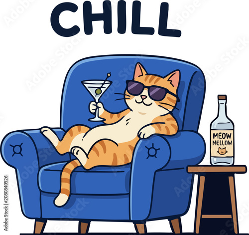 Tableau sur toile Cool ginger cat wearing sunglasses sitting on a blue armchair holding a martini