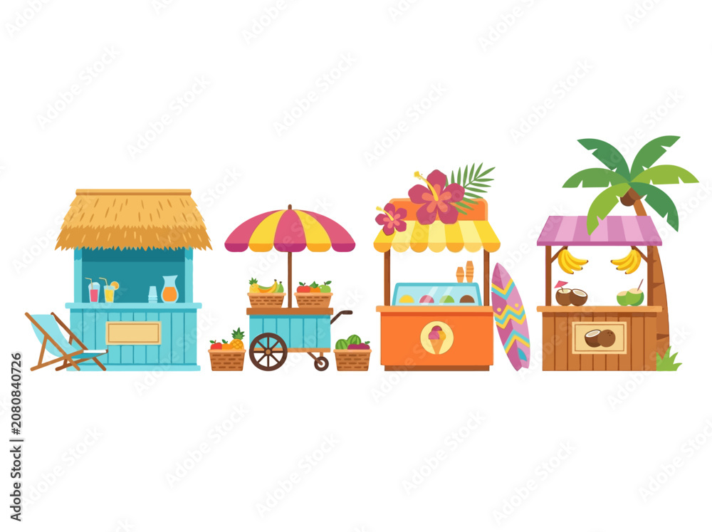 Naklejka premium Tropical Beach Stalls and Kiosks Set with Tiki Bar, Fruit Cart, and Ice Cream Stand