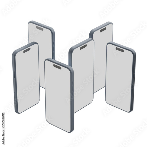 Group of Modern 3D Smartphones with Blank Screens in Isometric Arrangement for App UI/UX Presentation