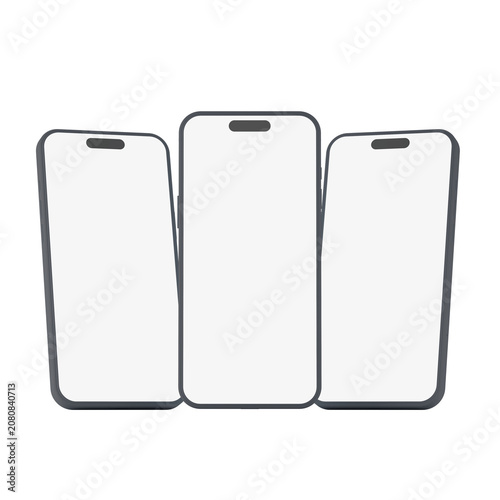 Trio of Modern 3D Smartphone Mockups with Blank Screens in Dynamic Alignment for App UI/UX Design