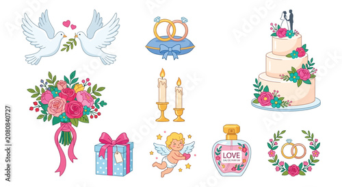 Photos Wedding elements vector illustration with doves rings cake and floral arrangemen
