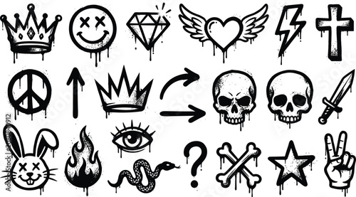 Obraz na plátně Graffiti Spray Paint Icon Set with Skull Crown Heart Wings Peace Sign Arrow Star