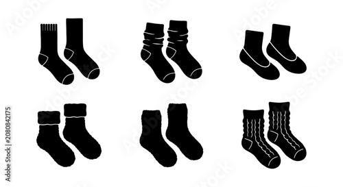 Fotografi Black Socks Vector Set, Various Sock Styles, Footwear Apparel Collection, Clothi
