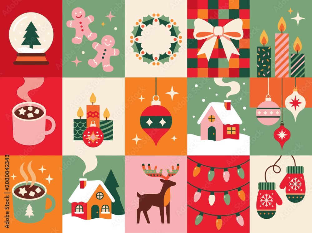 Fototapeta premium Minimalist Christmas Flat Vector Icon Grid and Holiday Illustrations