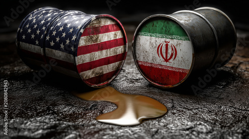 two leaking oil barrels, one with us flag next to second with iranian flag. usa iran conflict strait of hormuz