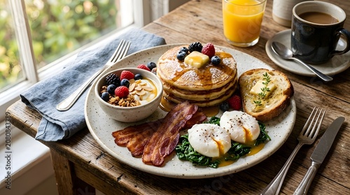 Stack of pancakes with maple syrup and butter served with poached eggs bacon berries and toast for a luxury brunch, pancakes