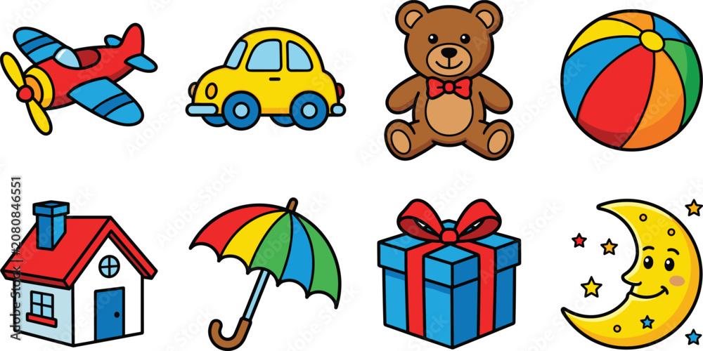 Naklejka premium Cute Kids Toy Icon Set with Airplane Car Teddy Bear Ball House Umbrella Gift Box and Moon Vector Illustration