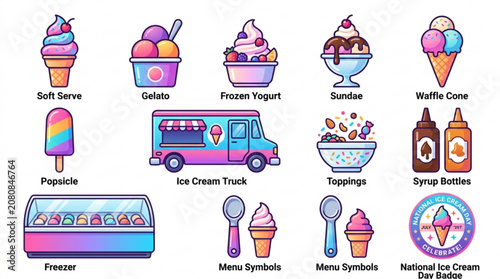 Colorful ice cream icons bundle with various treats