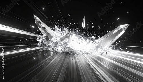 Dynamic Crystal Explosion Shattering Outwards with Radiant Light and Sharp Geometric Forms