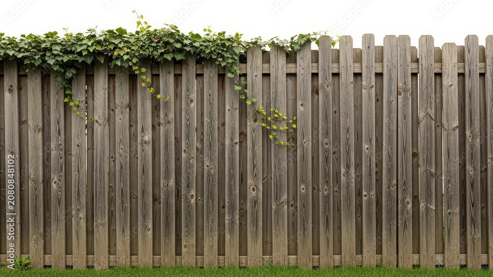 Fototapeta premium weathered wooden fence, green ivy, rustic garden border, isolated on white