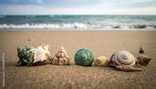 Diverse Seashells Arranged on Sandy Shoreline with Gentle Ocean Waves in Background