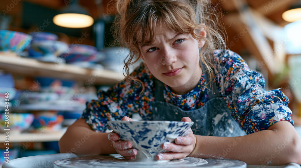 Fototapeta premium Teenage girl in pottery class leaning over spinning clay wheel under warm studio lighting, apron covered in slip, brow furrowed in deep creative concentration, finished student pieces drying on shel