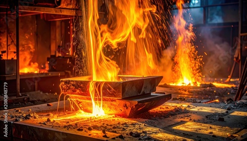 Glowing Molten Metal Poured Into Mold in Industrial Foundry Setting