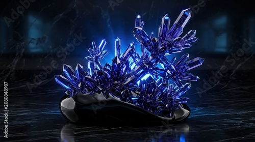 Intricate Blue Crystal Formation with Sharp Facets on a Dark Reflective Surface