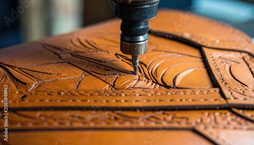 Intricate Leather Tooling Machine Creating Detailed Patterns on a Satchel in Workshop