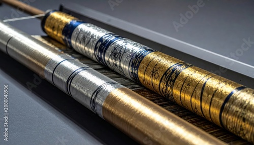 Intricate metallic threads in gold and silver woven into shimmering fabric rolls