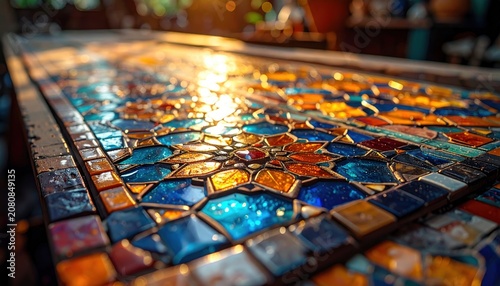 Intricate Stained Glass Mosaic Art in Warm Sunlight