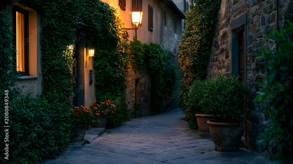 Obraz premium An atmospheric view of a charming old town passage at dusk featuring ivy covered stone walls and soft lamplight on the cobblestone pathway