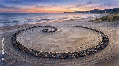 Intricate Stone Spiral Artwork on a Serene Beach at Dusk