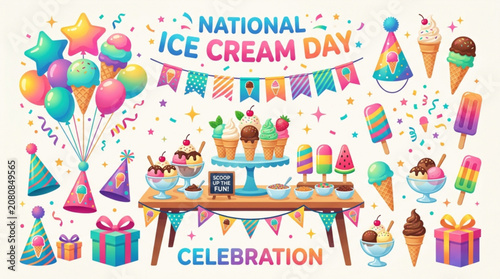 National ice cream day celebration with colorful treats