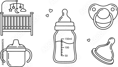 Foto Baby nursery and infant feeding line icon vector set featuring wooden crib hangi