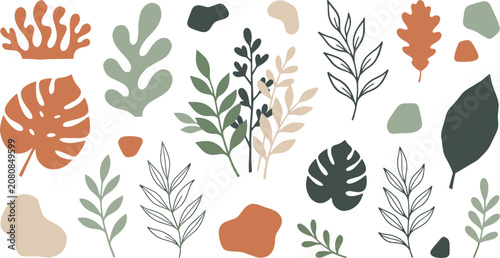 Obraz na plátně Modern abstract botanical collection with hand-drawn leaf silhouettes and organi