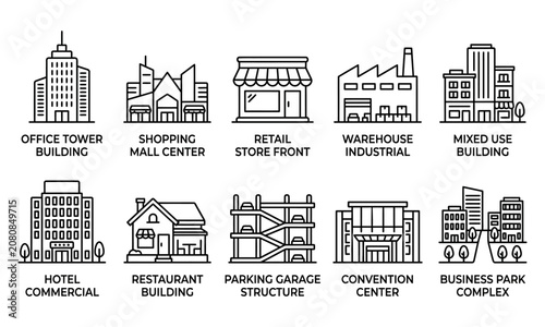 commercial building and architecture vector line icon set. Office tower retail store and hotel symbols. Concept for real estate UI UX web design and property management app.