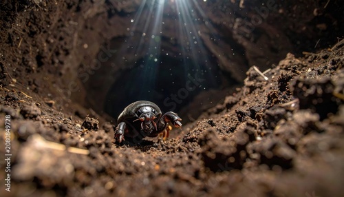 Mole cricket emerging from subterranean burrow in earthy tunnel with dramatic light beams illuminating its path