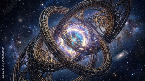 Ornate Futuristic Celestial Engine Harnessing Cosmic Energy Amidst a Starry Nebula