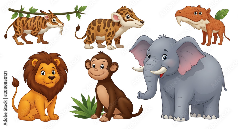 Fototapeta premium Cute Cartoon Wild and Prehistoric Animals Vector Illustration Set