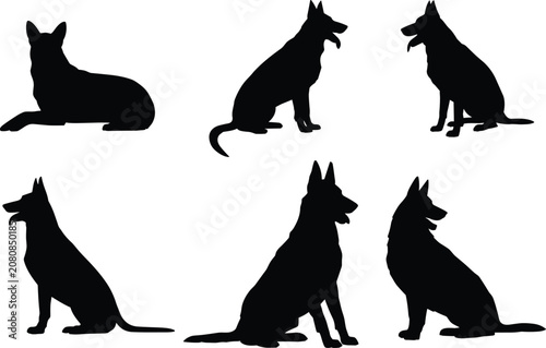 Fotografie German shepherd dog silhouettes vector icon set featuring sitting and lying k9 c
