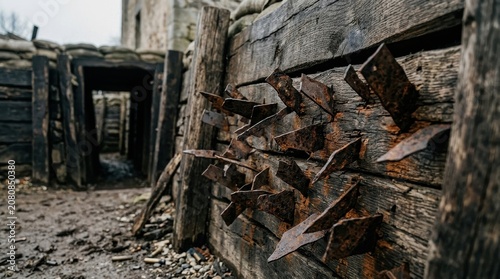 Rusty Barbed Wire Spikes on Wooden Trench Wall in Historical War Setting
