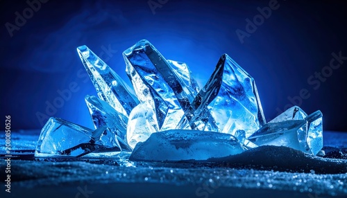 Sharp, Glistening Ice Shards Illuminated Under Deep Blue Light, Abstract Still Life Composition