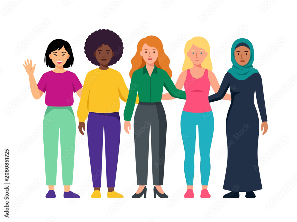 Fototapeta premium Diverse Group of Women Standing Together Representing Unity and Empowerment Flat Vector Illustration