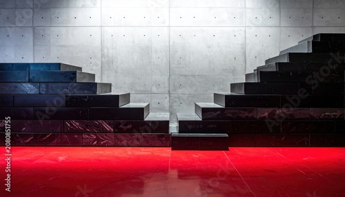 Symmetrical Stacked Obsidian Stairs Against Textured Concrete Wall with Red Reflective Floor