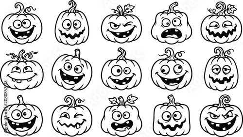Fotografie Collection of quirky halloween pumpkin faces hand drawn line art vector elements
