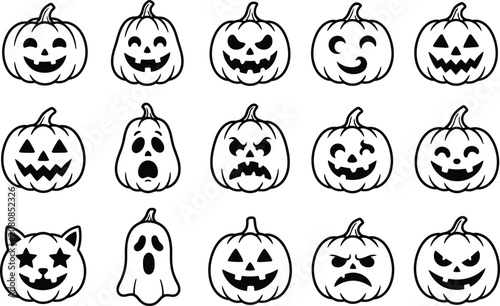 Diverse halloween jack o lantern pumpkin faces and ghosts line art set with halloween, jackolantern