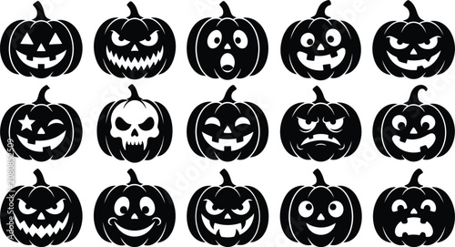 Black silhouette collection of scary halloween pumpkin faces icons vector set with halloween