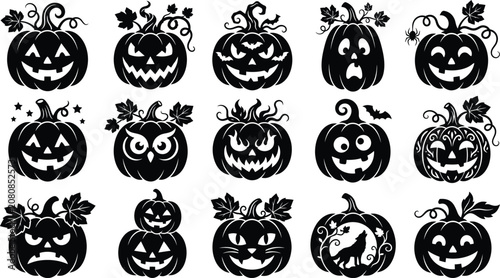 Set of halloween carved pumpkin lantern silhouettes with various spooky facial expressions, monsters