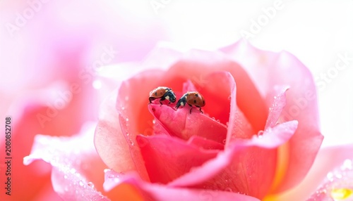 Two Ladybugs on Dew-Kissed Pink Rose Petals with Soft Focus