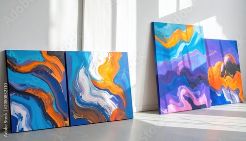Vibrant Abstract Paintings Leaning Against a Studio Wall Bathed in Natural Light