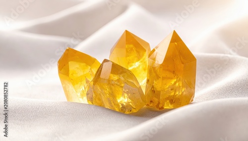 Vibrant Citrine Crystals with Warm Yellow Hues Emanating Light on a Soft White Fabric