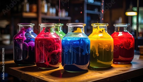 Vibrant Liquid Dyes Being Mixed in Glass Jars for Crafting and Artistic Processes
