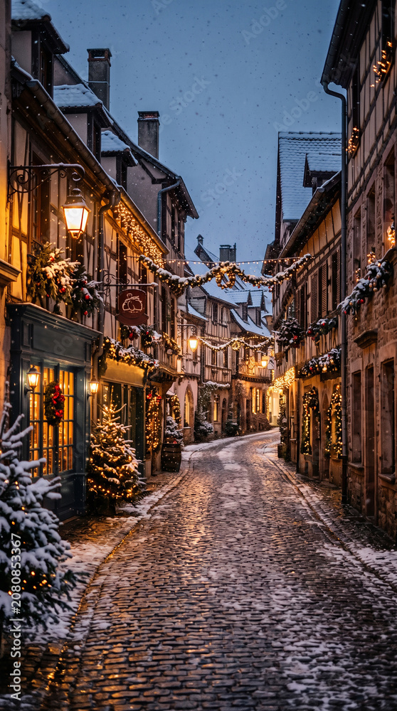Fototapeta premium Charming European old town street decorated for Christmas, glowing festive lights, cozy cafés, gentle snowfall, cobblestone pavement reflecting warm lights, magical evening atmosphere, realistic trave
