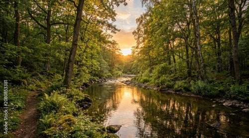 Beautiful golden sunset sun rays shining through green trees in a peaceful forest with a small calm river reflection