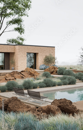 Modern Luxury Villa with Swimming Pool and Lounge Chairs Render